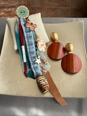 Boho Mixed-Media Eclectic Pin Vintage Wooden Disc Earrings  included Unique Set
